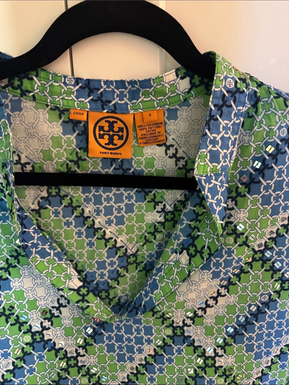 Tory Burch Green & Blue Geometric Floral Silk Shirt